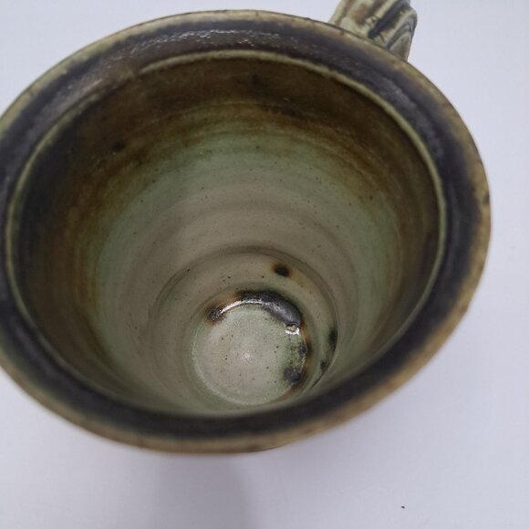 Studio Artisan Pottery Mug Green Brown Glaze Line Accent Rustic Coffee Cup - Picture 7 of 11